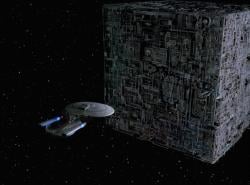 Starship Enterprise faces the Borg Cube