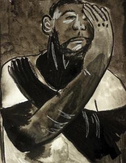 Black-and-White painting of a person with a beard wrapping their arms around themself
